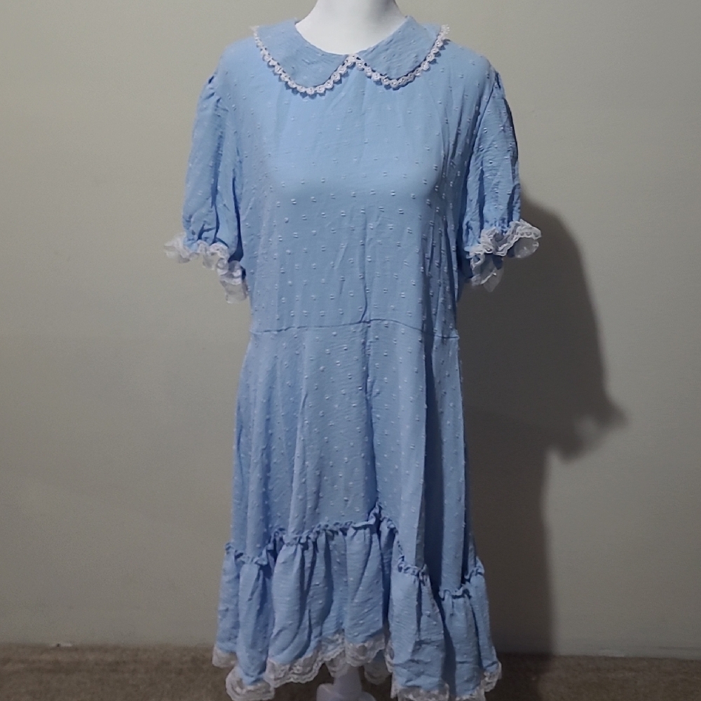 3XL Plus Size Blue Swiss Dot Lace Tiered Dress - Cottagecore Peter Pan Collar